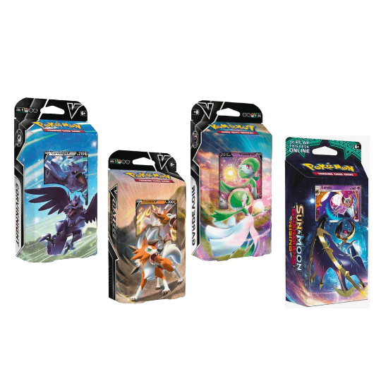 Pokémon TCG: Theme Battle Deck [Lycanroc V],[Gardevoir V], [Corviknight V] & Guardians Rising Theme Deck - "Hidden Moon" [Lunala] - LOW&BEHOLD