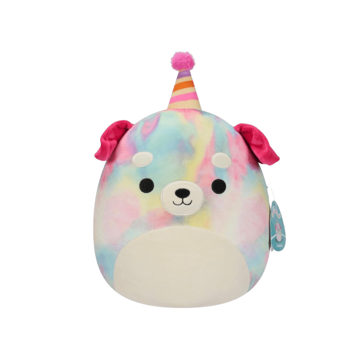 Squishmallows 12” Delenne Rainbow Tie-Dye Dog with Party Hat - LOW&BEHOLD