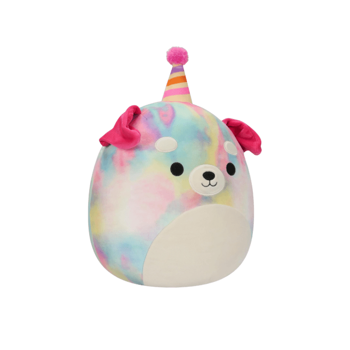 Squishmallows 12” Delenne Rainbow Tie-Dye Dog with Party Hat - LOW&BEHOLD